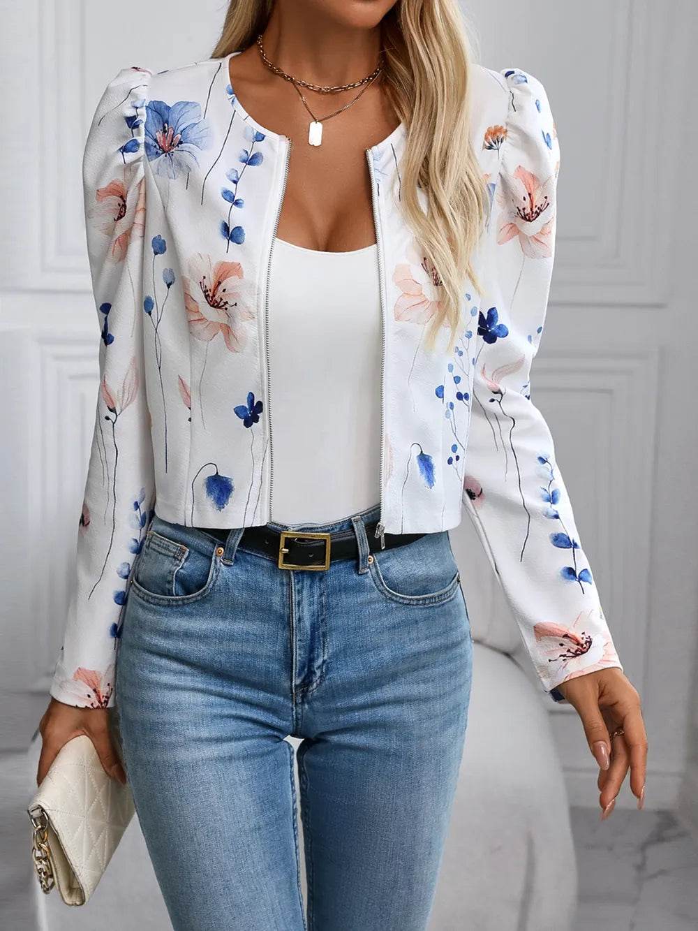 Printed Zip Up Long Sleeve Jacket - ELY VESSA LLC