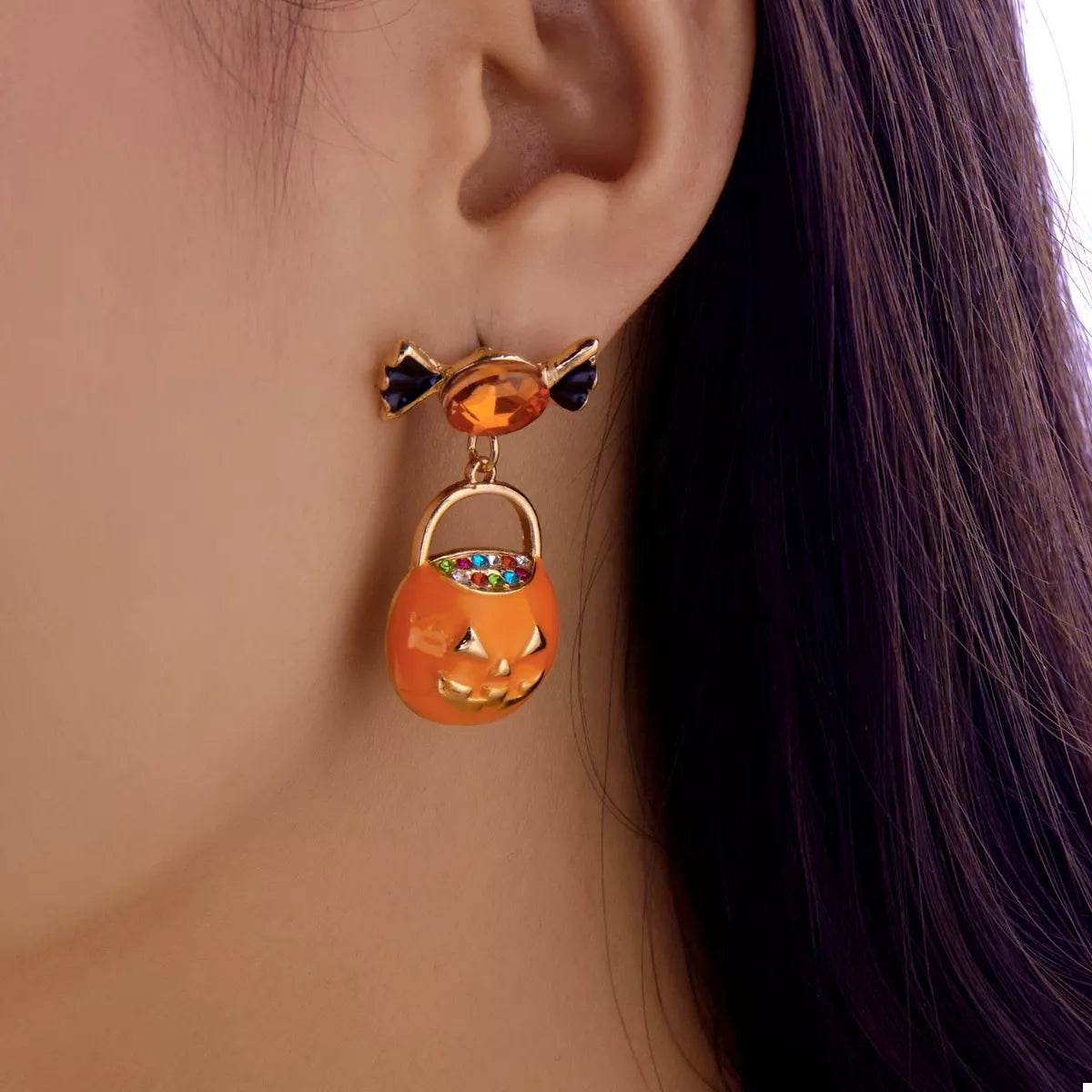 Halloween Rhinestone Pumpkin Dangle Earrings - ELY VESSA LLC