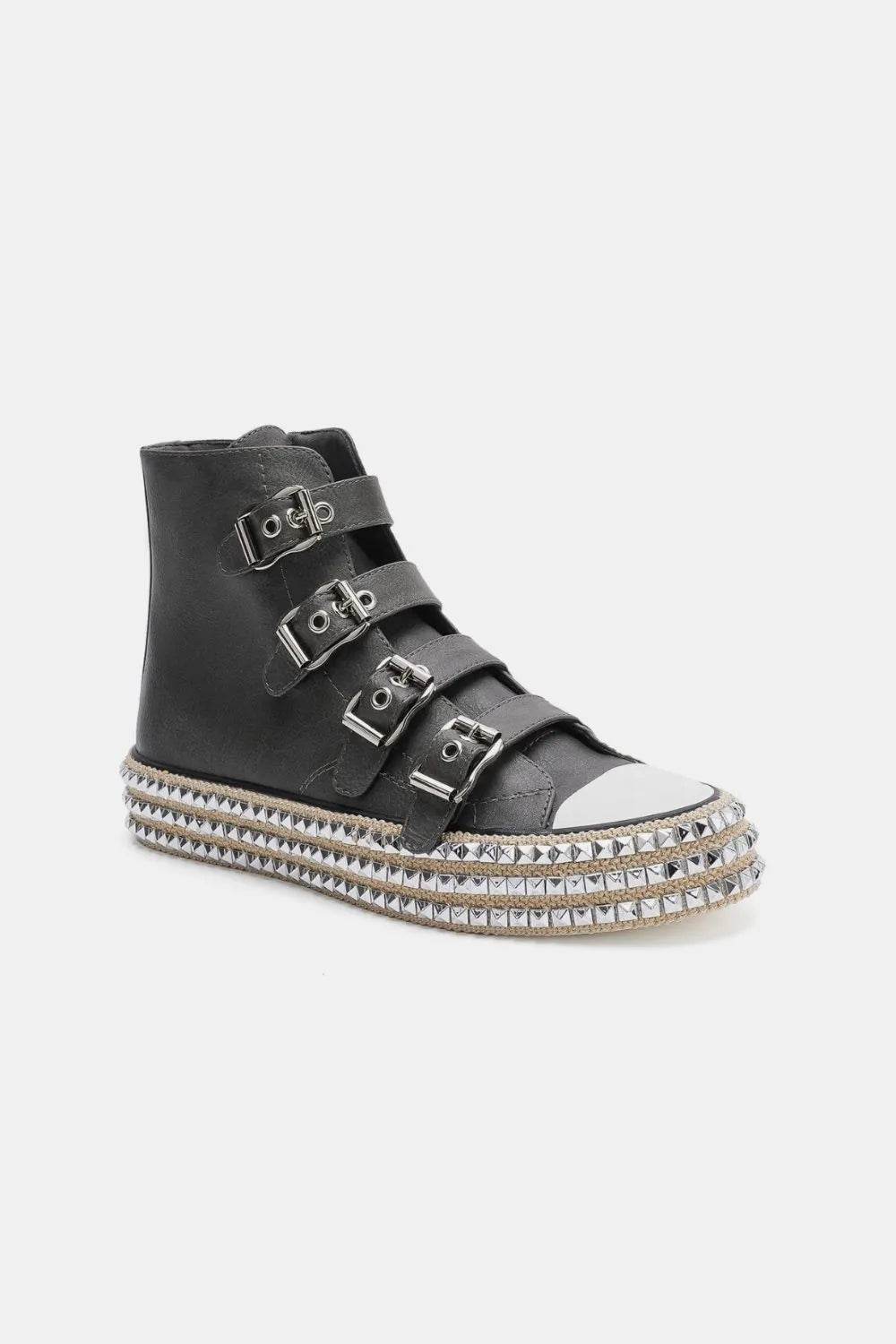 Beast Fashion Multi-Buckle Straps Studded Platform Sneakers - ELY VESSA LLC