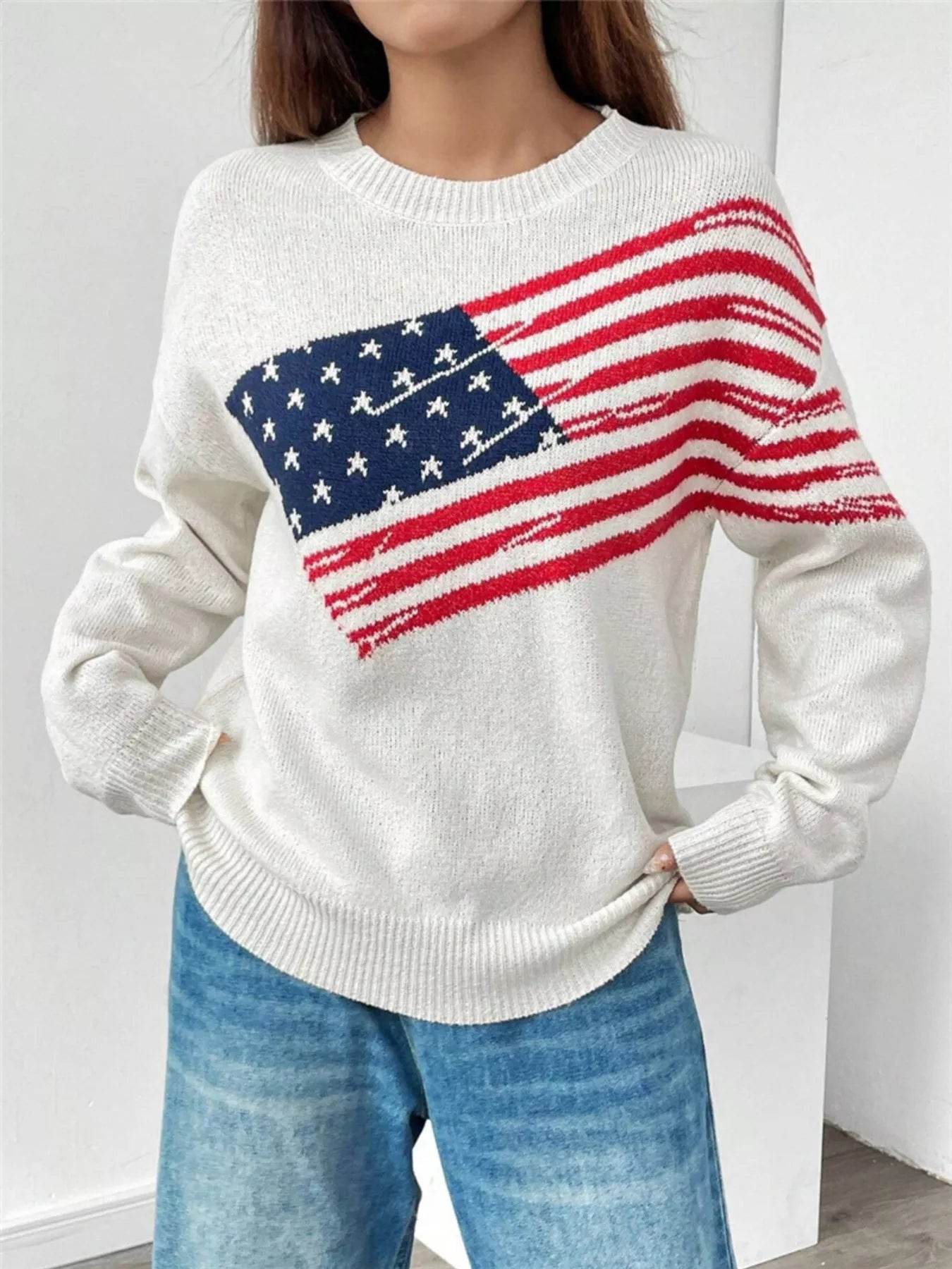 US Flag Round Neck Long Sleeve Sweater - ELY VESSA LLC