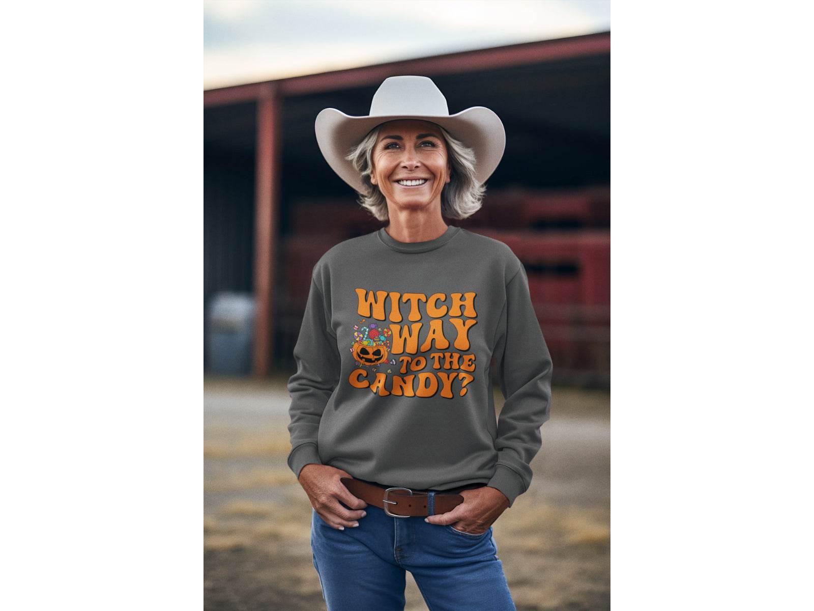 Witch Way to the Candy? Halloween Sweatshirt – Bella Canvas 3501 – Unisex Sizes S-3XL – Multiple Colors - ELY VESSA LLC