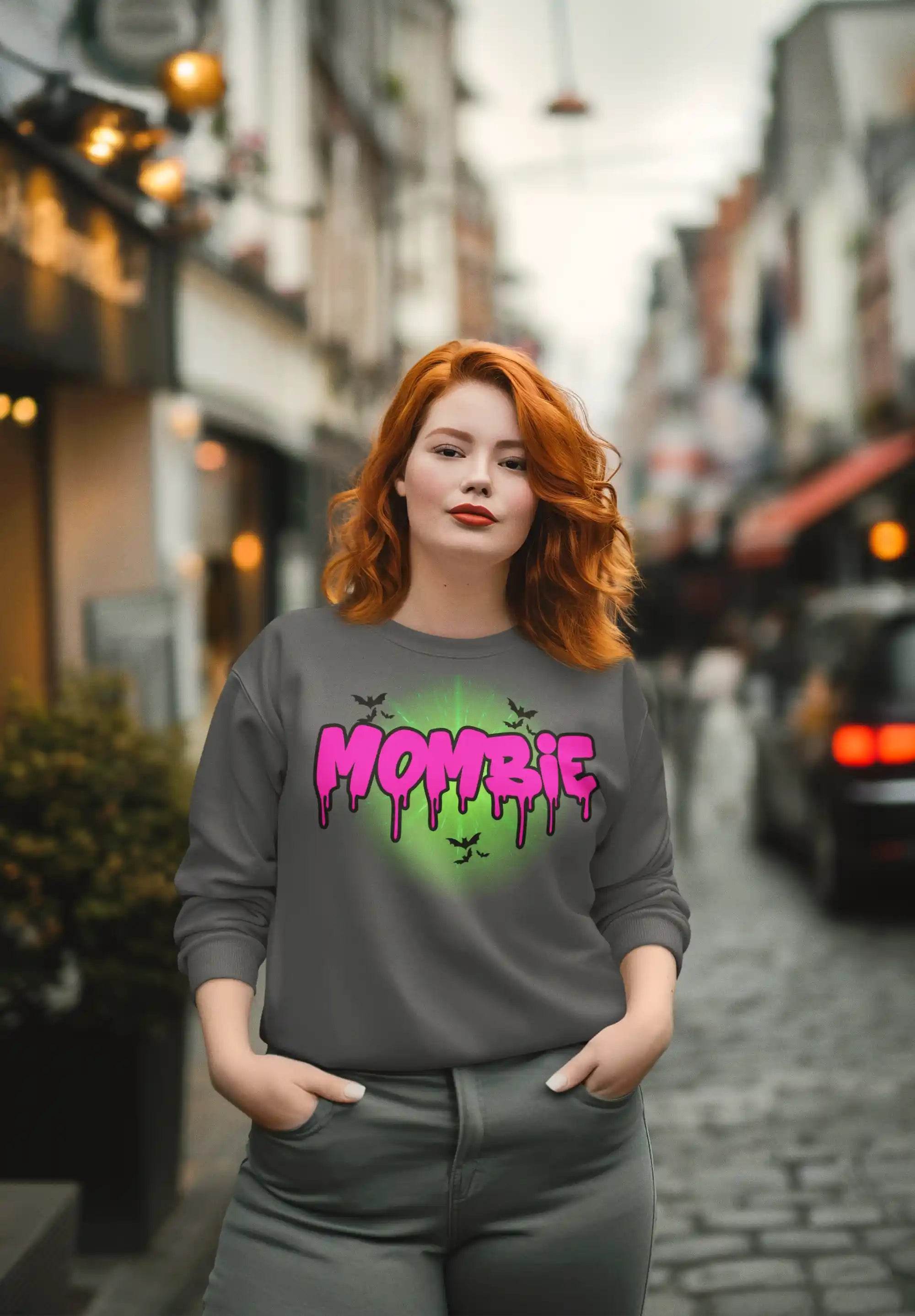 Mombie Halloween Shirt, Neon Green Zombie Mom Long Sleeve Tee, Spooky Graphic Bella Canvas 3501, Funny Scary Cute Halloween Top - ELY VESSA LLC