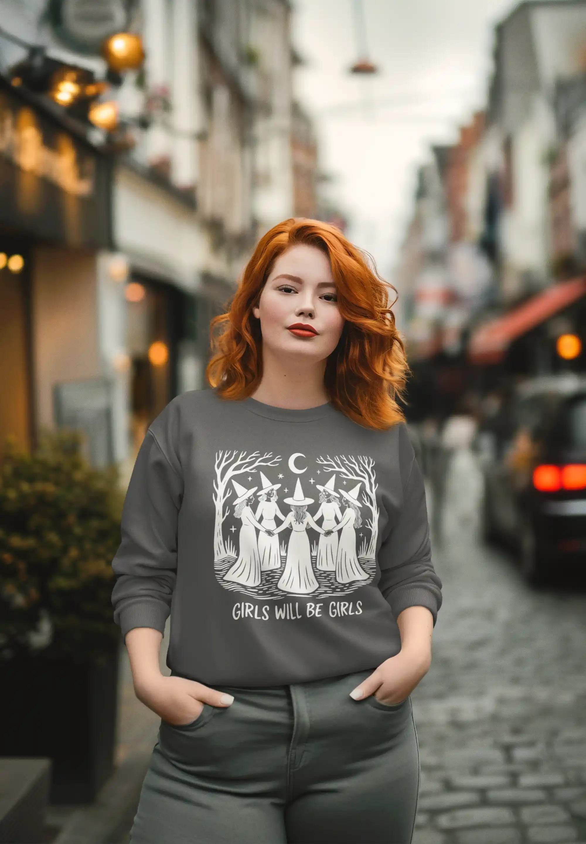 Halloween Witch Girls Will Be Girls Sweatshirt, Funny Witchy Pullover, Spooky Season Shirt, Cute Bella Canvas 3501 Fall Top - ELY VESSA LLC