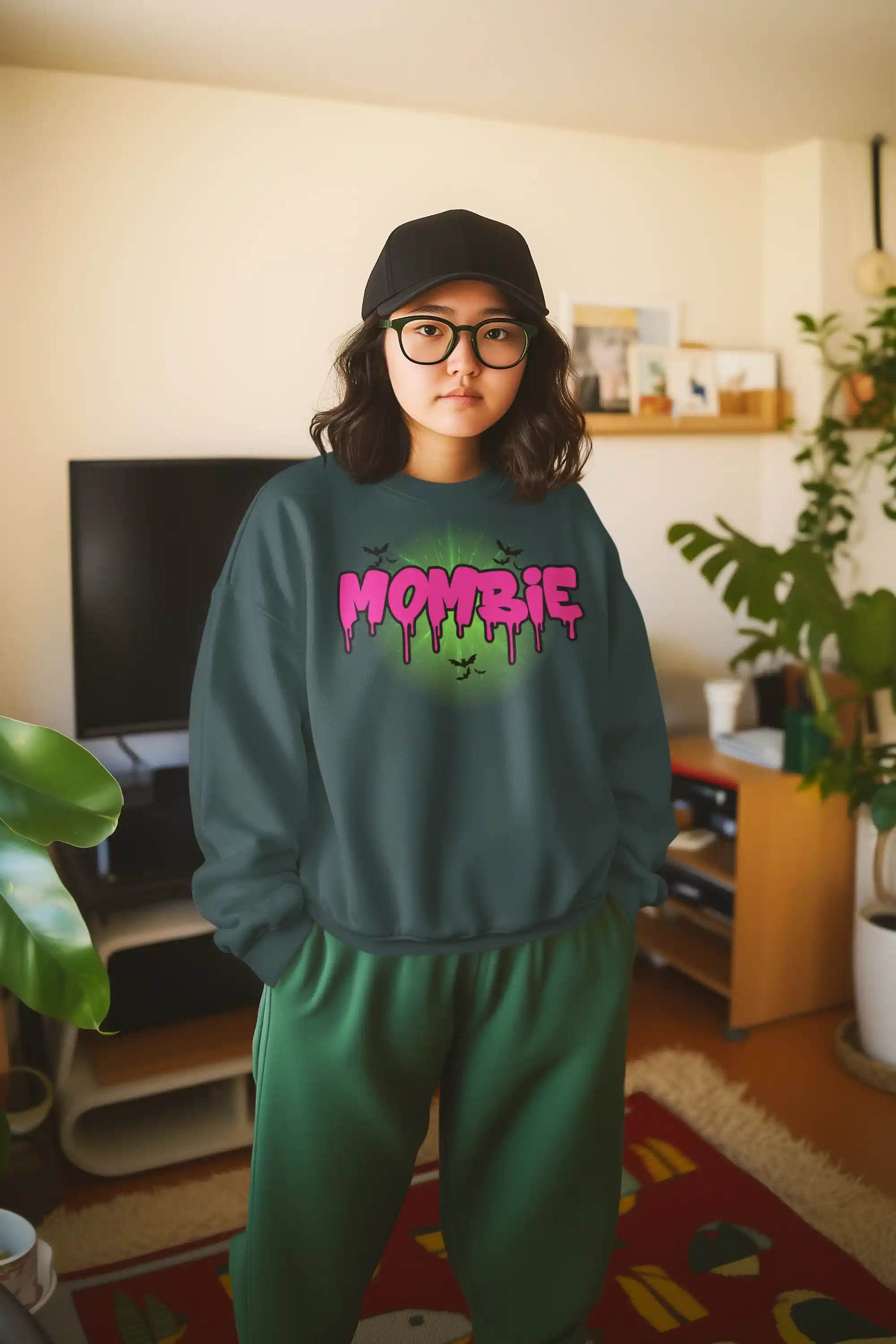 Mombie Halloween Shirt, Neon Green Zombie Mom Long Sleeve Tee, Spooky Graphic Bella Canvas 3501, Funny Scary Cute Halloween Top - ELY VESSA LLC