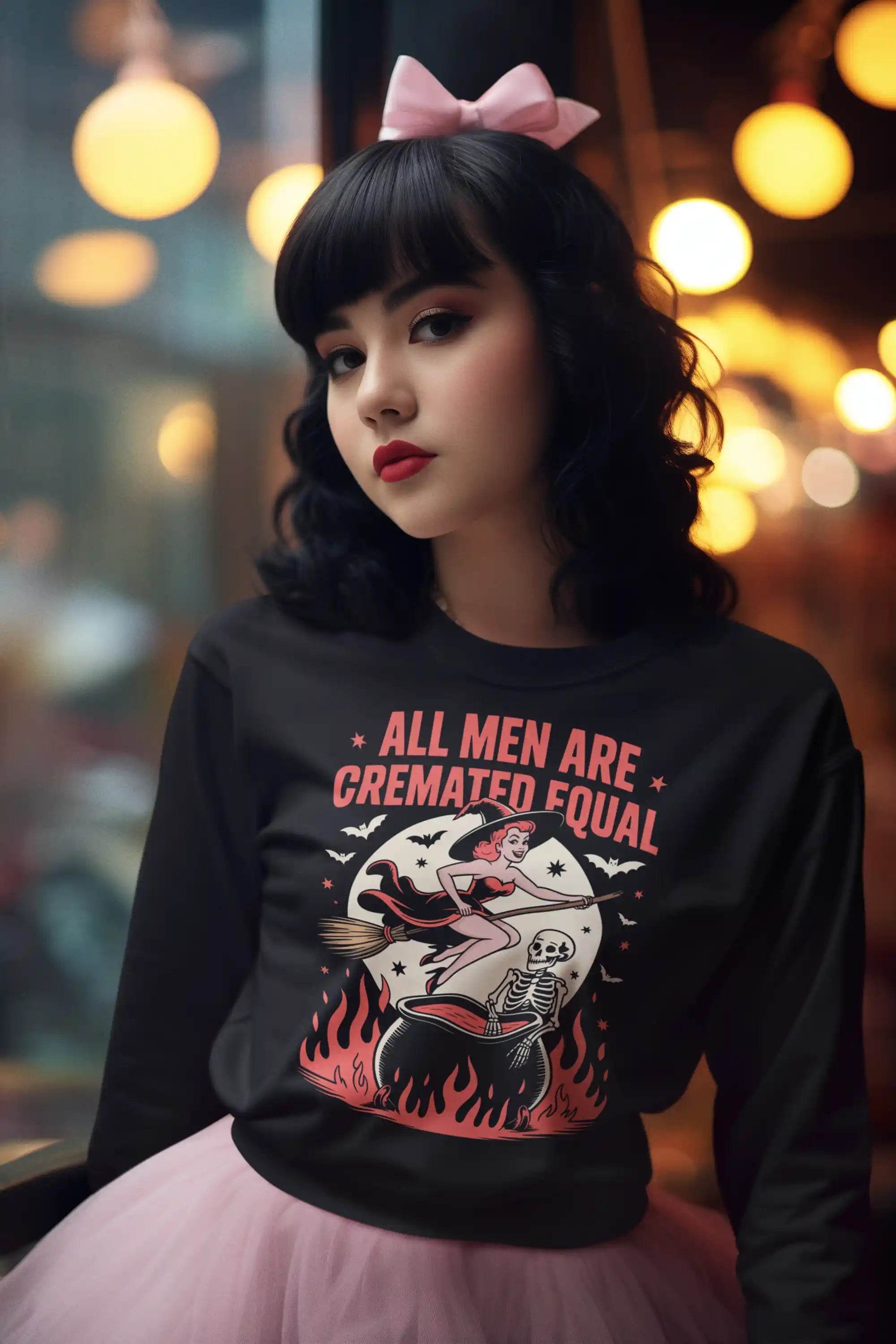 All Men Are Cremated Equal – Funny Witch Halloween Bella+Canvas 3501 Long Sleeve Tee | Unisex Sizes S–3XL - ELY VESSA LLC