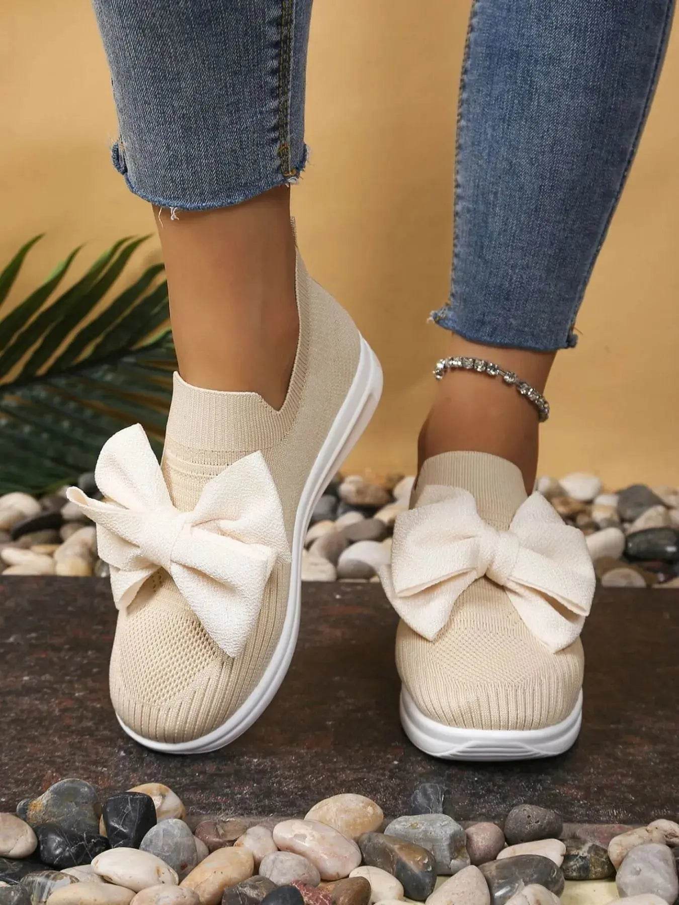 Bow-Tie Knit Slip-On Sneakers - ELY VESSA LLC