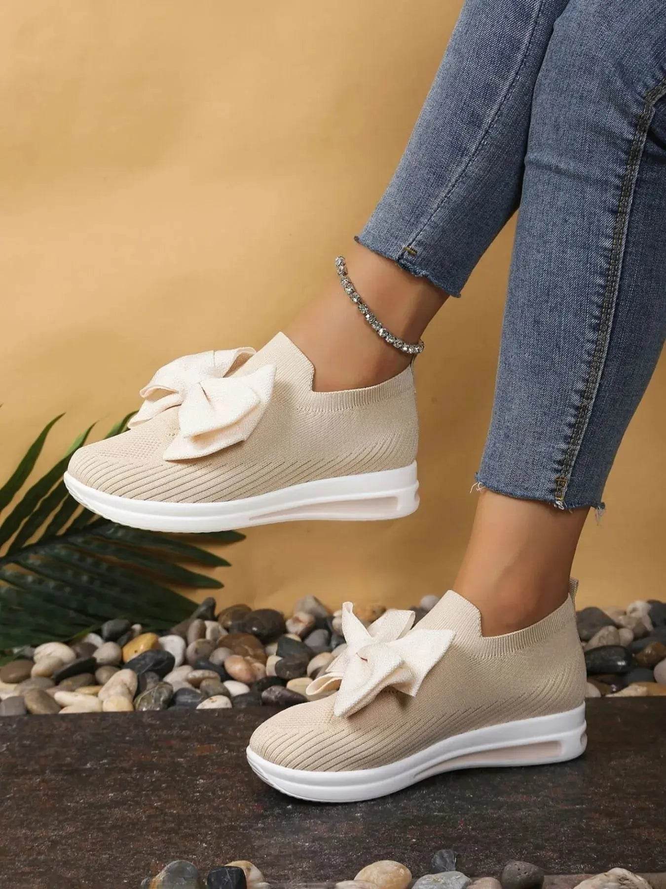 Bow-Tie Knit Slip-On Sneakers - ELY VESSA LLC