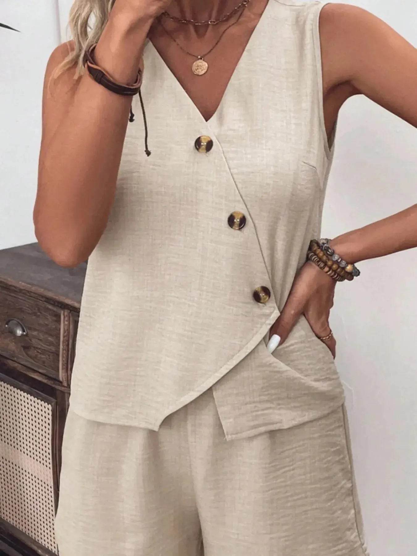 Button Up Vest and Shorts Set - ELY VESSA LLC