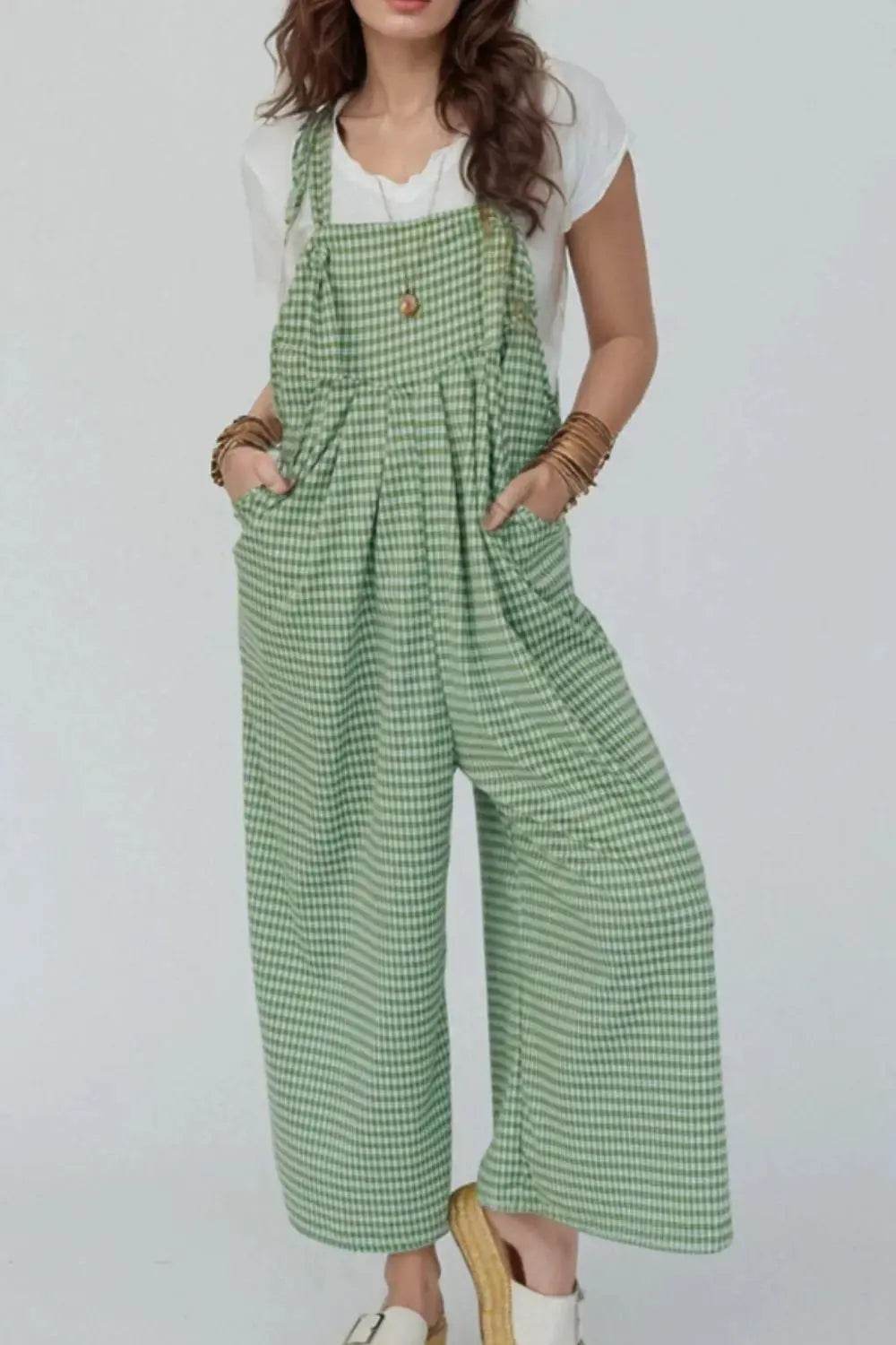 Casual Gingham Wide Leg Overalls - ELY VESSA LLC