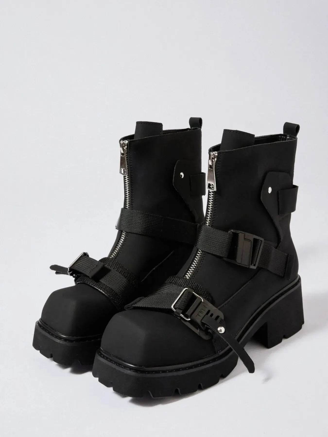 Chunky Platform Boots with Buckle Straps and Front Zip - ELY VESSA LLC