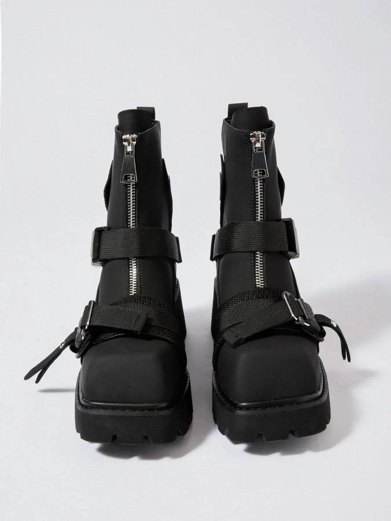 Chunky Platform Boots with Buckle Straps and Front Zip - ELY VESSA LLC