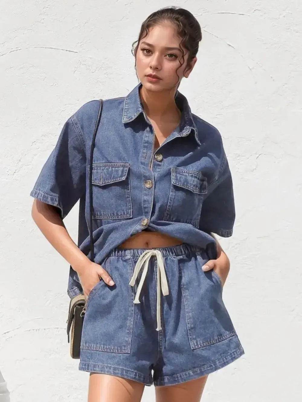 Collared Neck Button Up Top and Shorts Denim Set - ELY VESSA LLC