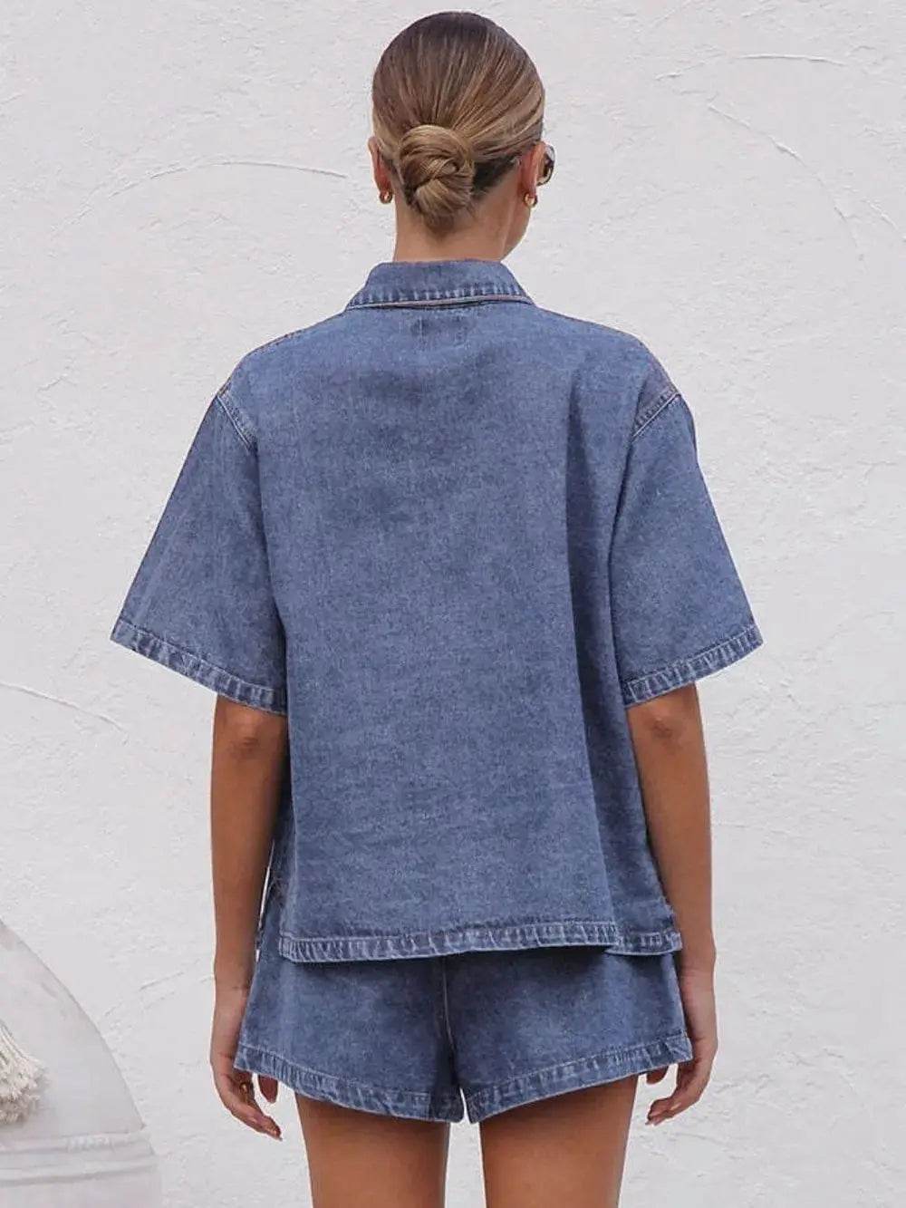Collared Neck Button Up Top and Shorts Denim Set - ELY VESSA LLC