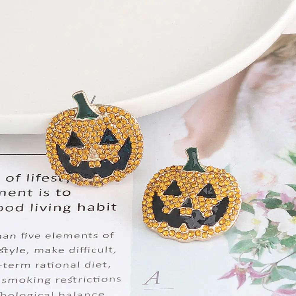 Demon Pumpkin Rhinestone Alloy Earrings - ELY VESSA LLC