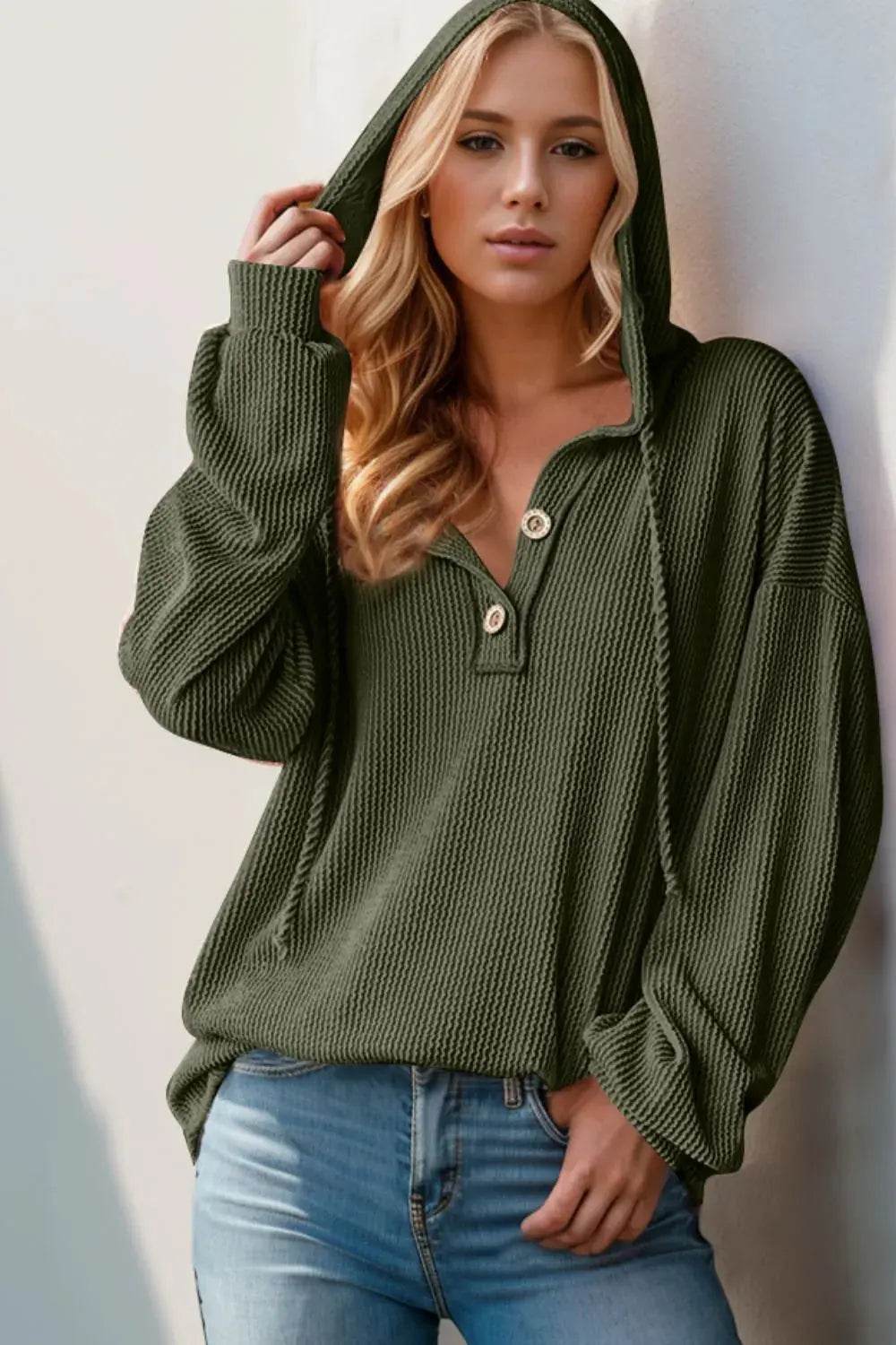 Double Take Full Size Half Button Long Sleeve Hoodie - ELY VESSA LLC