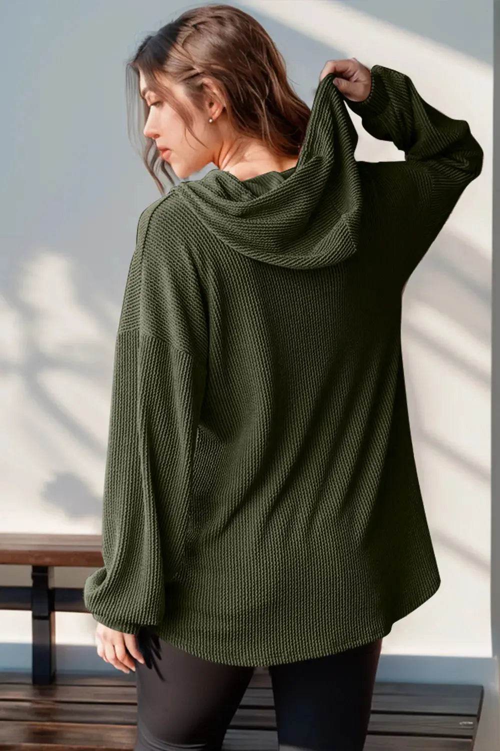 Double Take Full Size Half Button Long Sleeve Hoodie - ELY VESSA LLC