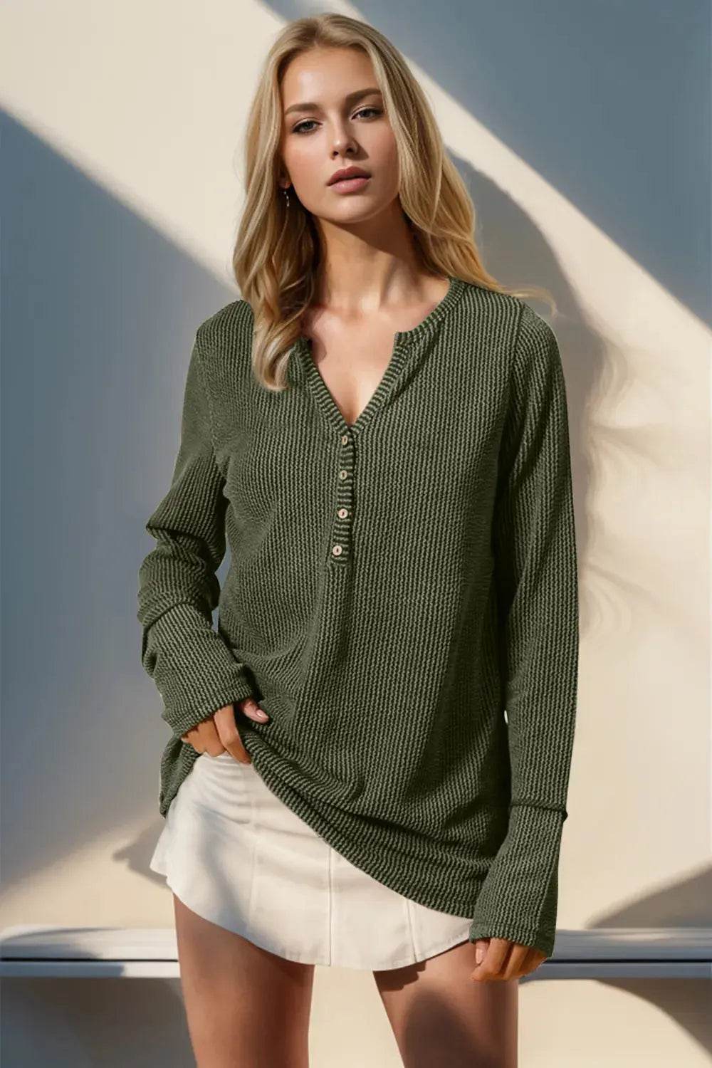 Double Take Full Size Notched Thumbhole Long Sleeve T-Shirt - ELY VESSA LLC