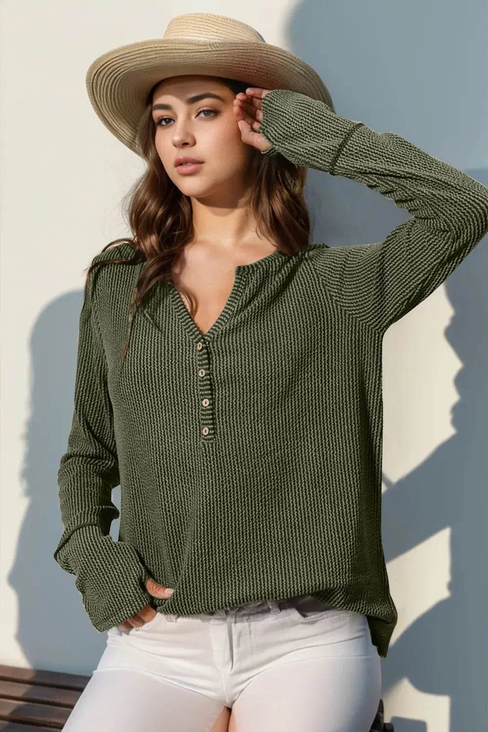 Double Take Full Size Notched Thumbhole Long Sleeve T-Shirt - ELY VESSA LLC