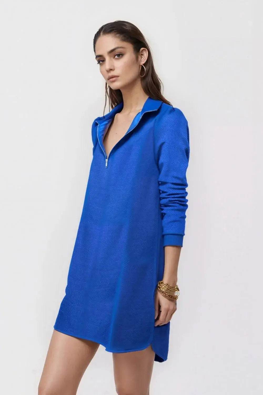 Double Take Textured Quarter Zip Long Sleeve Dress - ELY VESSA LLC
