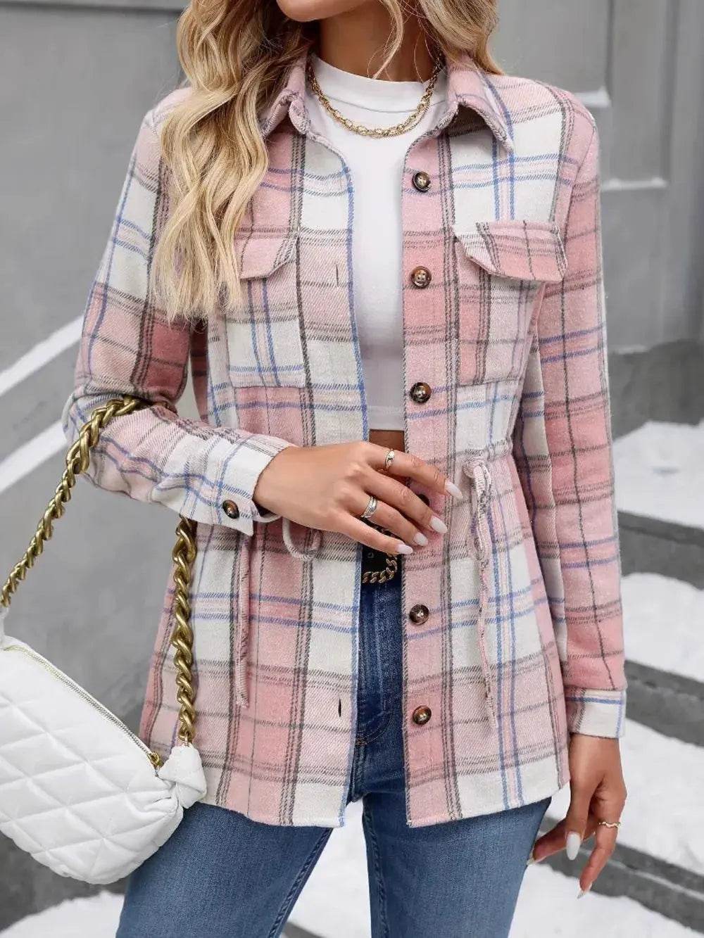 Drawstring Plaid Button Up Jacket with Chest Pockets - ELY VESSA LLC