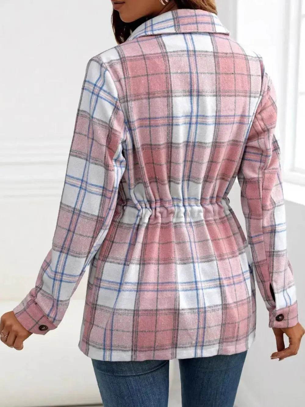 Drawstring Plaid Button Up Jacket with Chest Pockets - ELY VESSA LLC