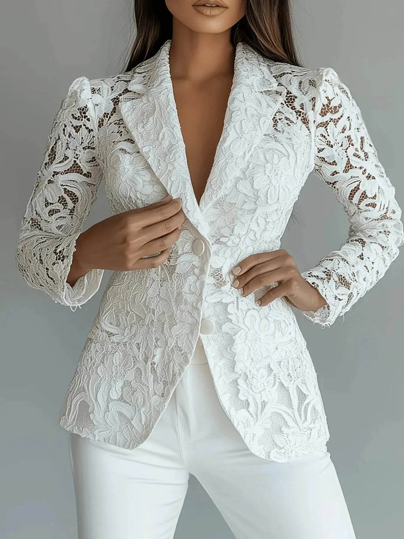 Floral Pattern Lace Single-Breasted Blazer - ELY VESSA LLC