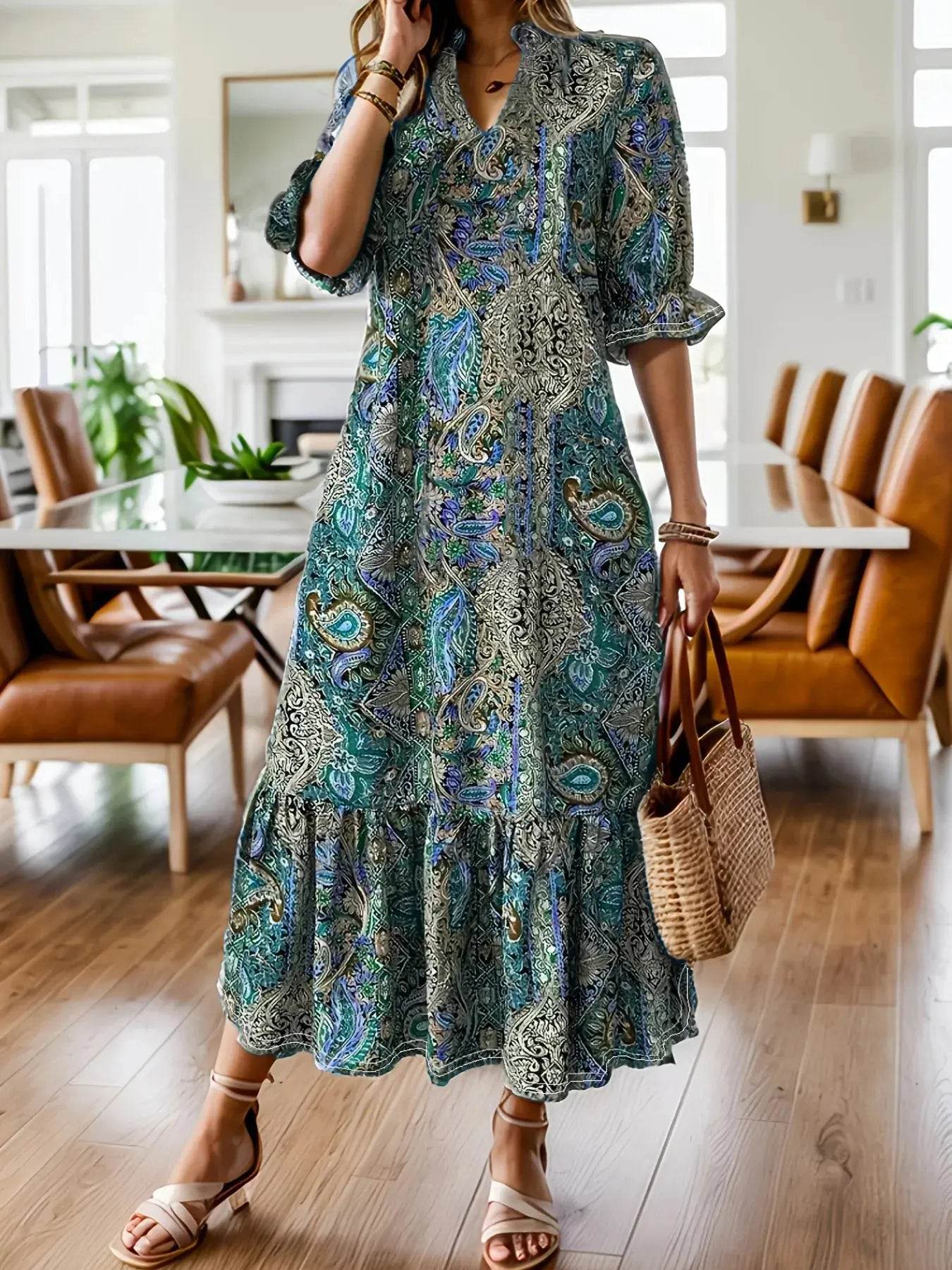 Full Size Bohemian Paisley Print Ruffle Hem Midi Dress Plus Size - ELY VESSA LLC