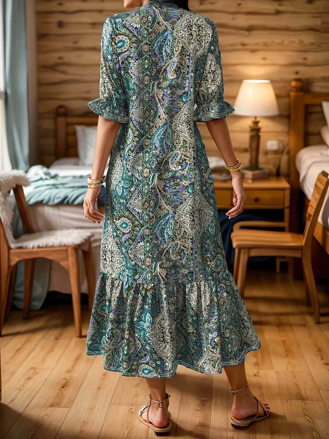 Full Size Bohemian Paisley Print Ruffle Hem Midi Dress Plus Size - ELY VESSA LLC
