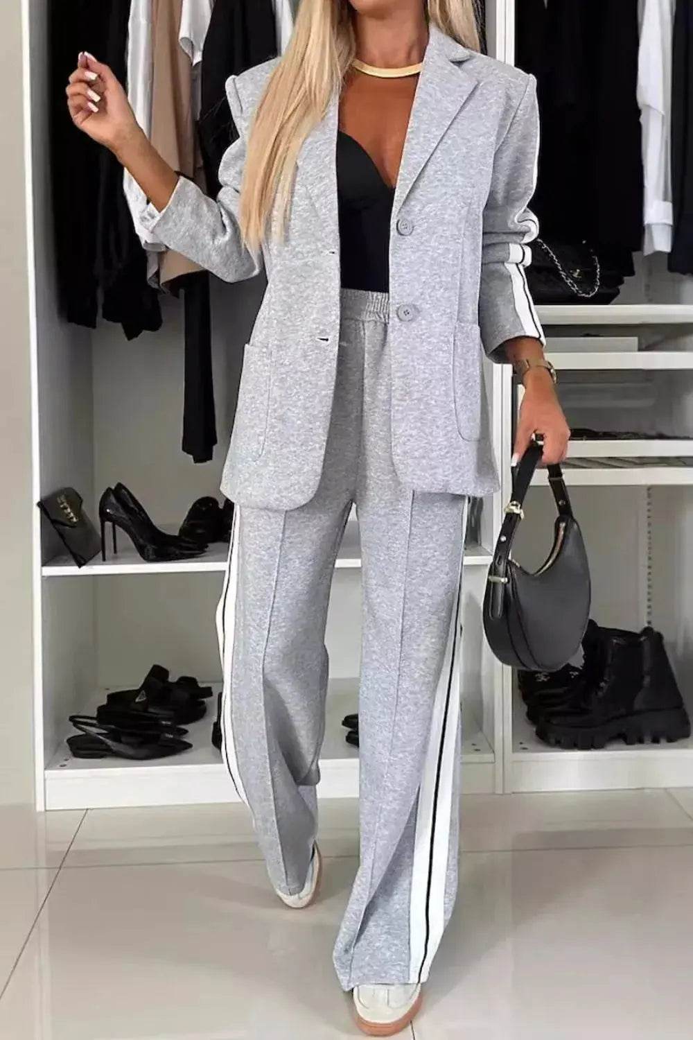 Full Size Contrast Lapel Collar Top and Pants Set - ELY VESSA LLC