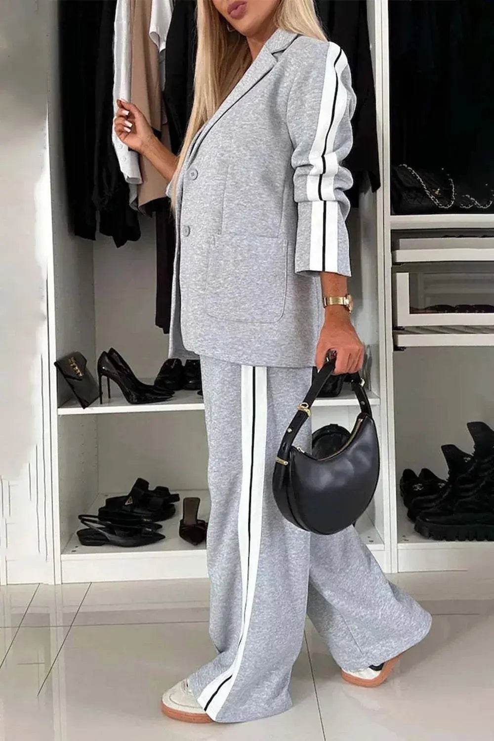 Full Size Contrast Lapel Collar Top and Pants Set - ELY VESSA LLC