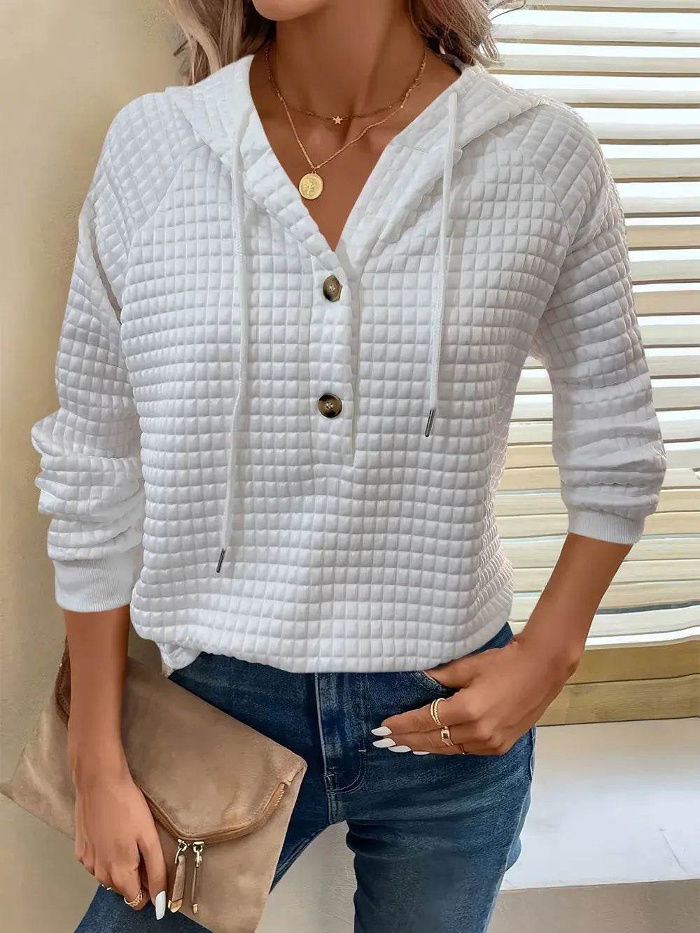 Full Size Texture Button Detail Drawstring Long Sleeve Hoodie - ELY VESSA LLC
