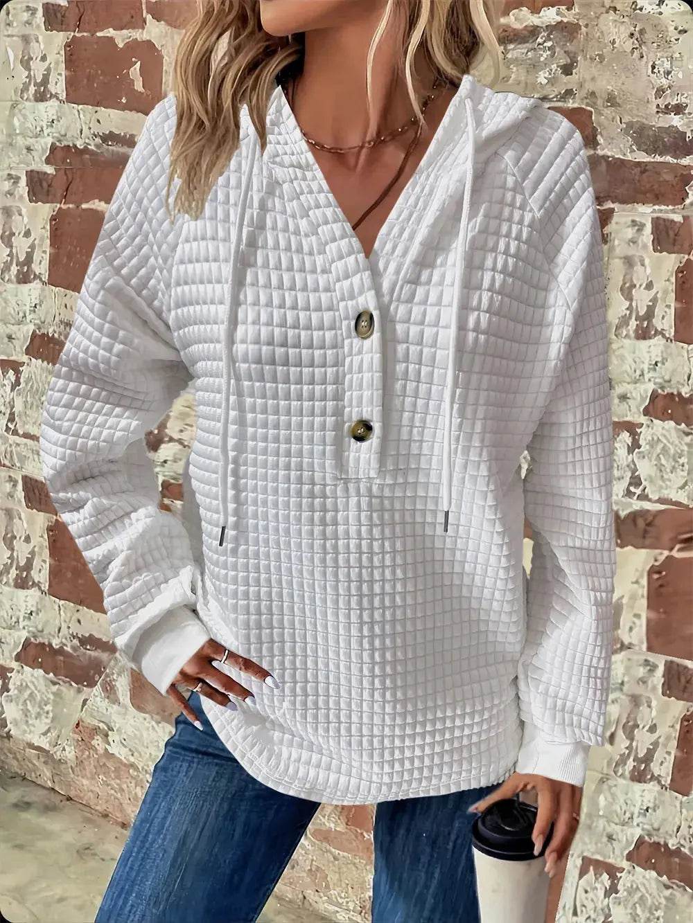 Full Size Texture Button Detail Drawstring Long Sleeve Hoodie - ELY VESSA LLC