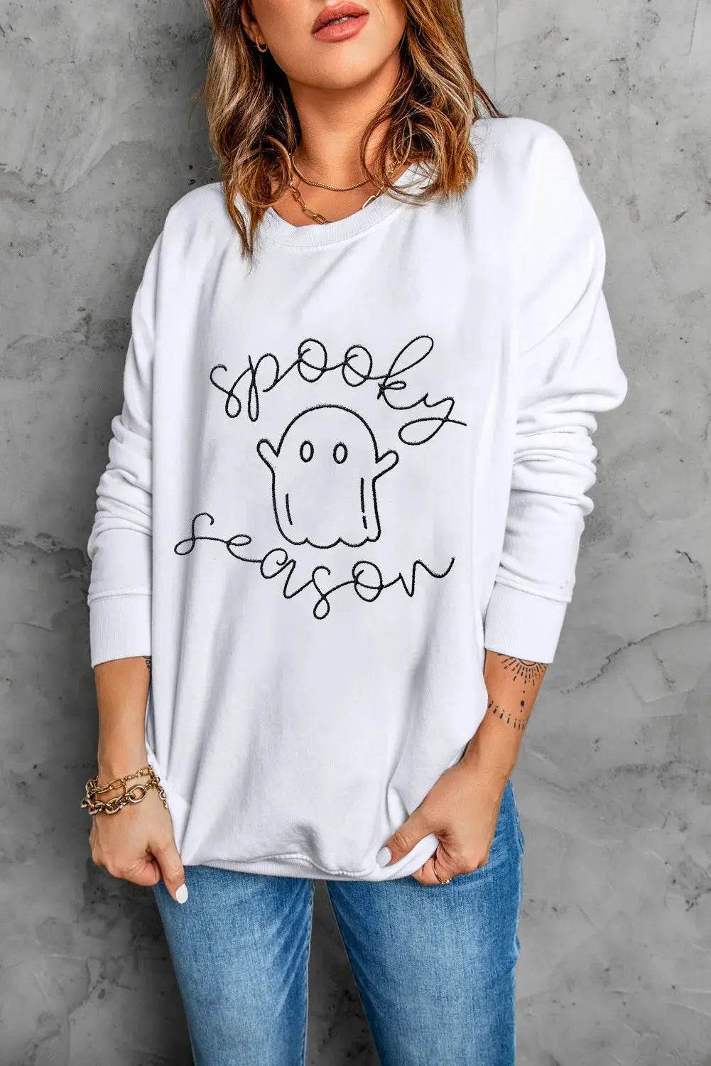 Ghost Graphic Long Sleeve Dropped Shoulder Sweatshirt - ELY VESSA LLC