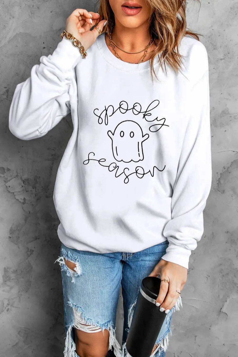 Ghost Graphic Long Sleeve Dropped Shoulder Sweatshirt - ELY VESSA LLC