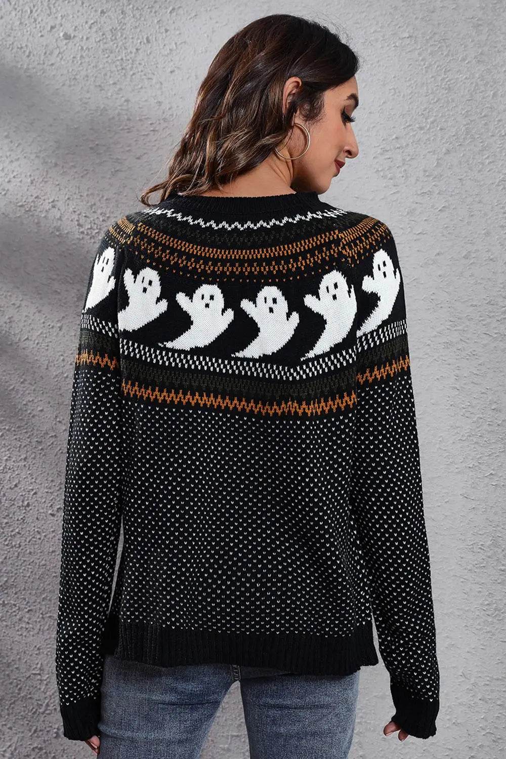 Ghost Pattern Round Neck Long Sleeve Sweater - ELY VESSA LLC