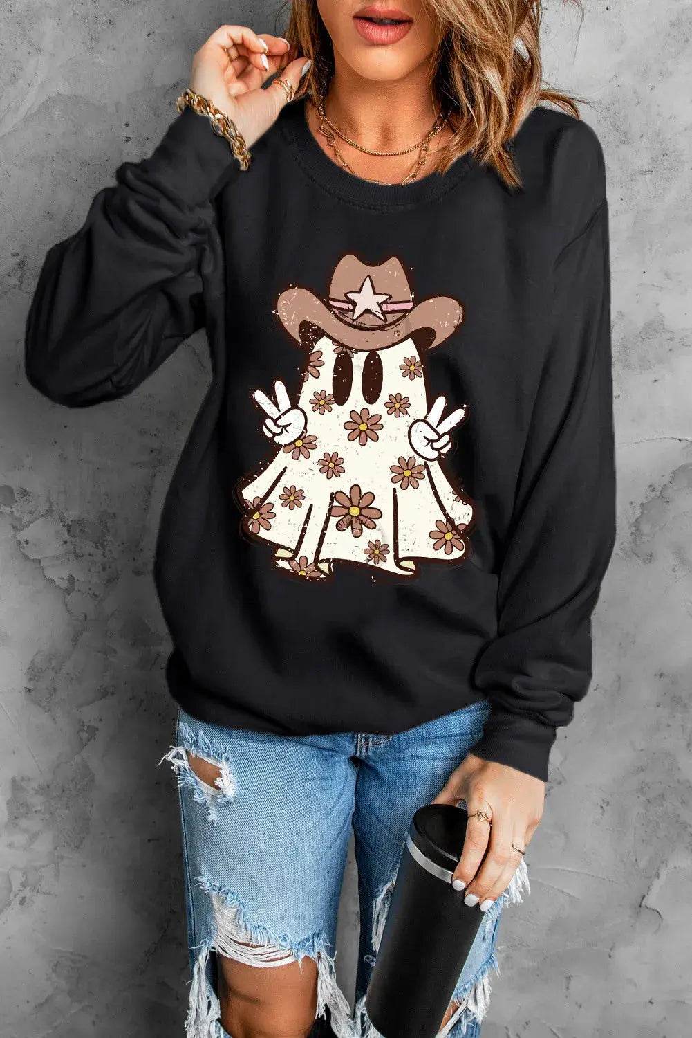 Ghost Round Neck Long Sleeve Sweatshirt - ELY VESSA LLC