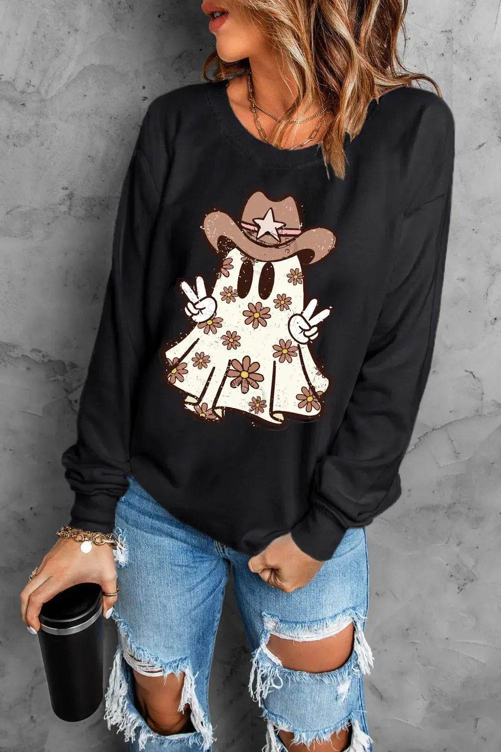 Ghost Round Neck Long Sleeve Sweatshirt - ELY VESSA LLC
