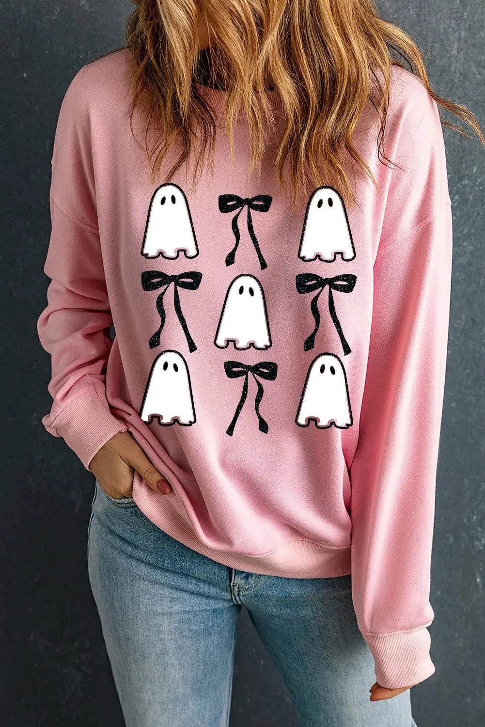 Ghost & Bow Round Neck Long Sleeve Sweatshirt - ELY VESSA LLC