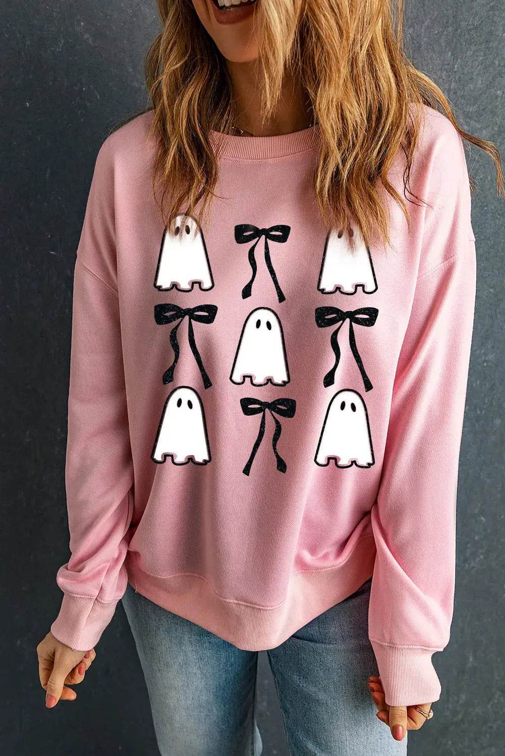 Ghost & Bow Round Neck Long Sleeve Sweatshirt - ELY VESSA LLC