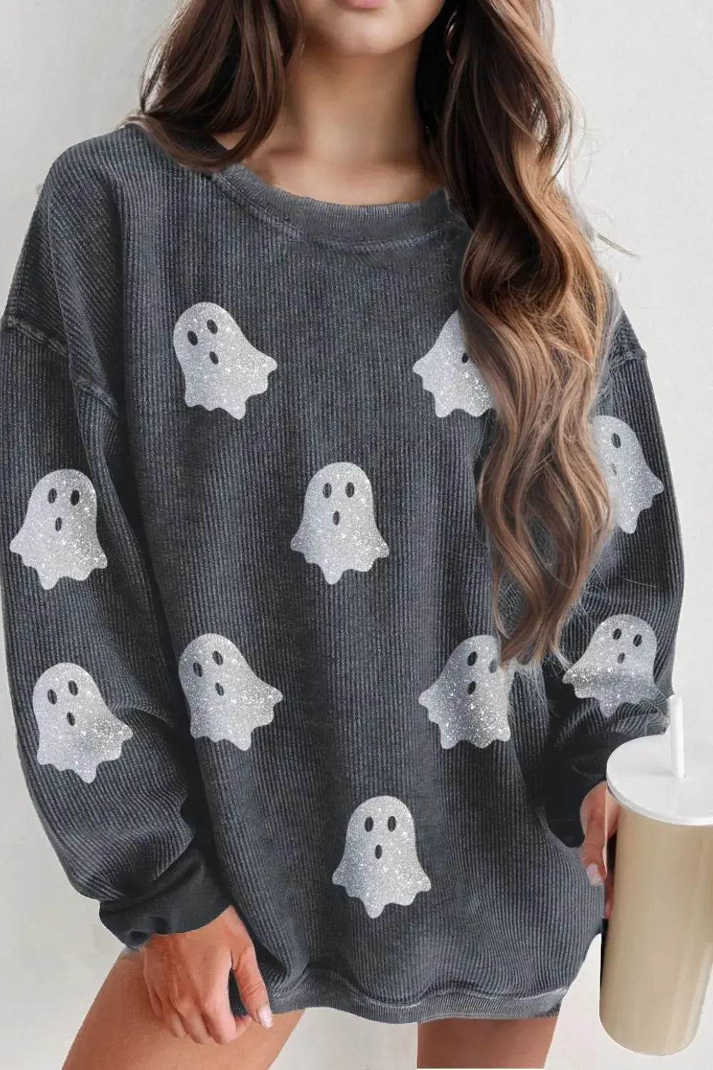Glitter Ghost Round Neck Long Sleeve Sweatshirt - ELY VESSA LLC