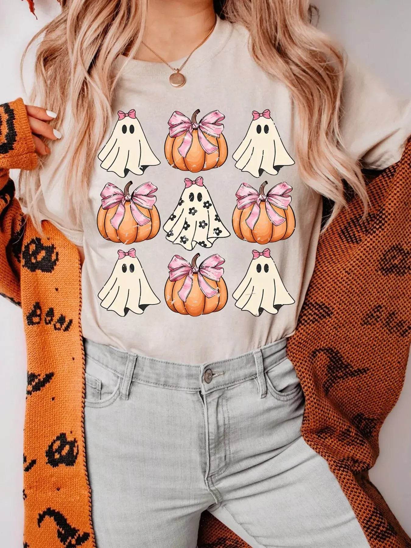 Halloween Bowknot Ghost Pumpkin Graphic T Shirt - ELY VESSA LLC