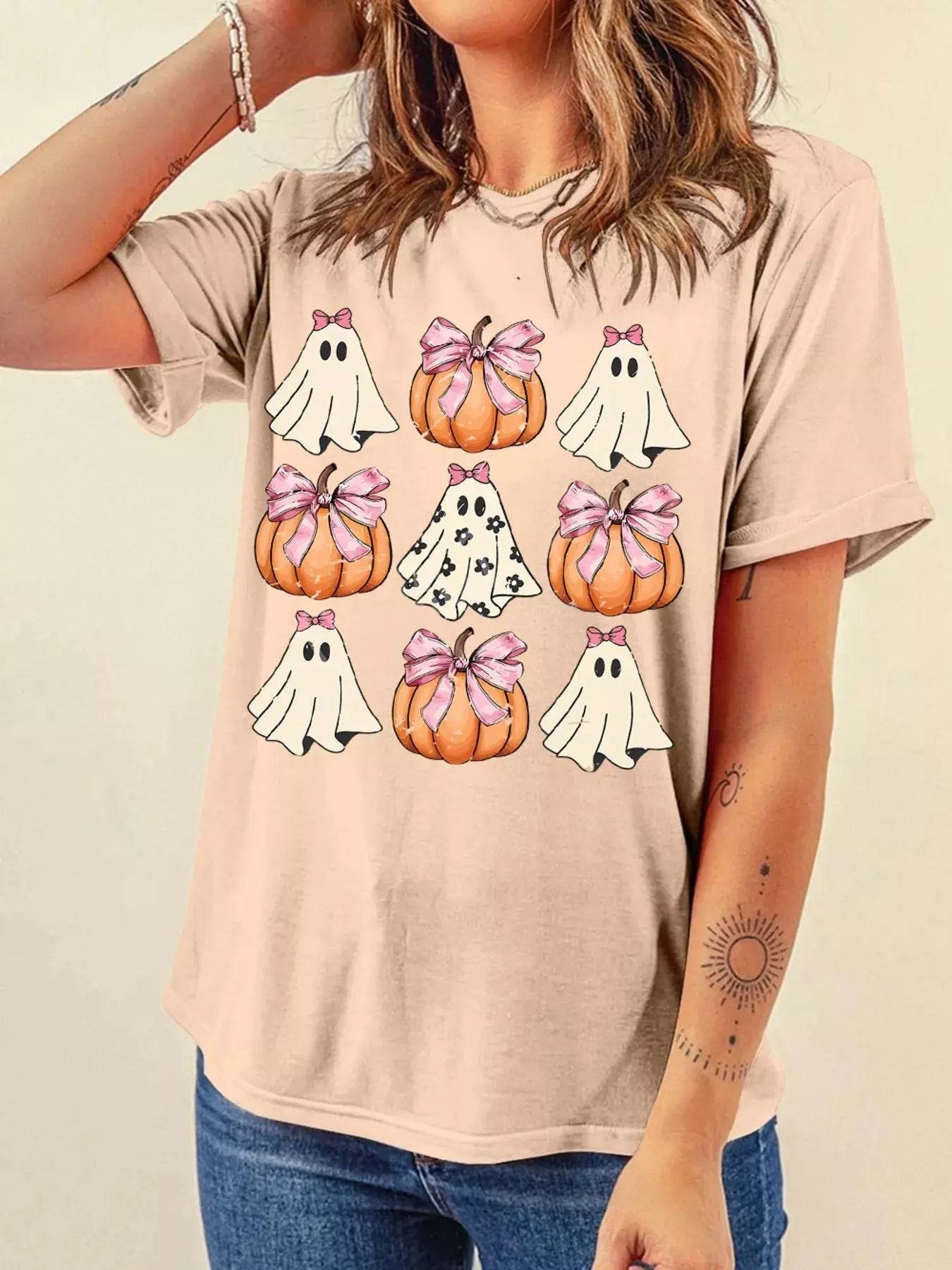 Halloween Bowknot Ghost Pumpkin Graphic T Shirt - ELY VESSA LLC