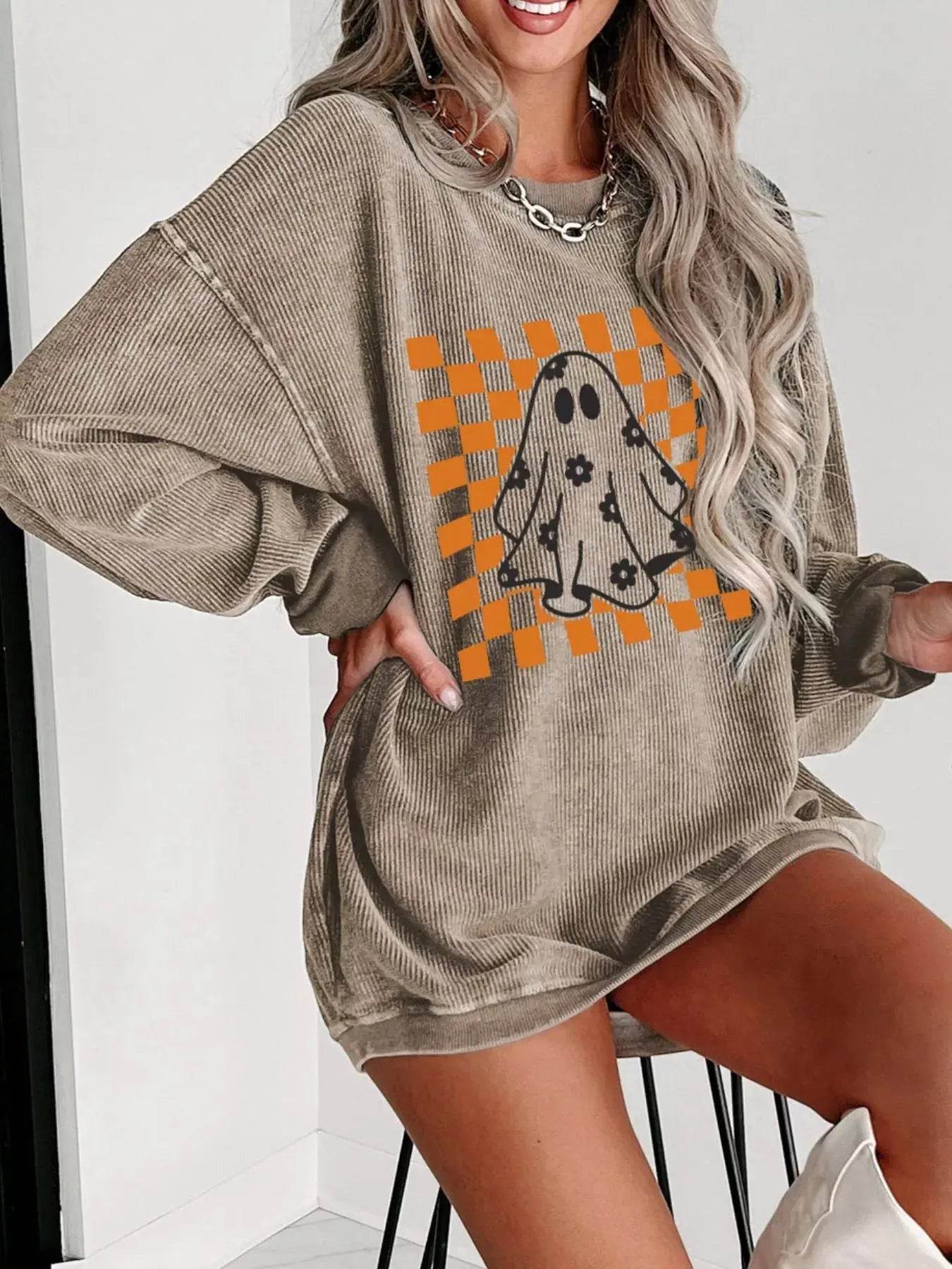 Halloween Checkerboard Floral Ghost Graphic Corded Sweatshirt - ELY VESSA LLC