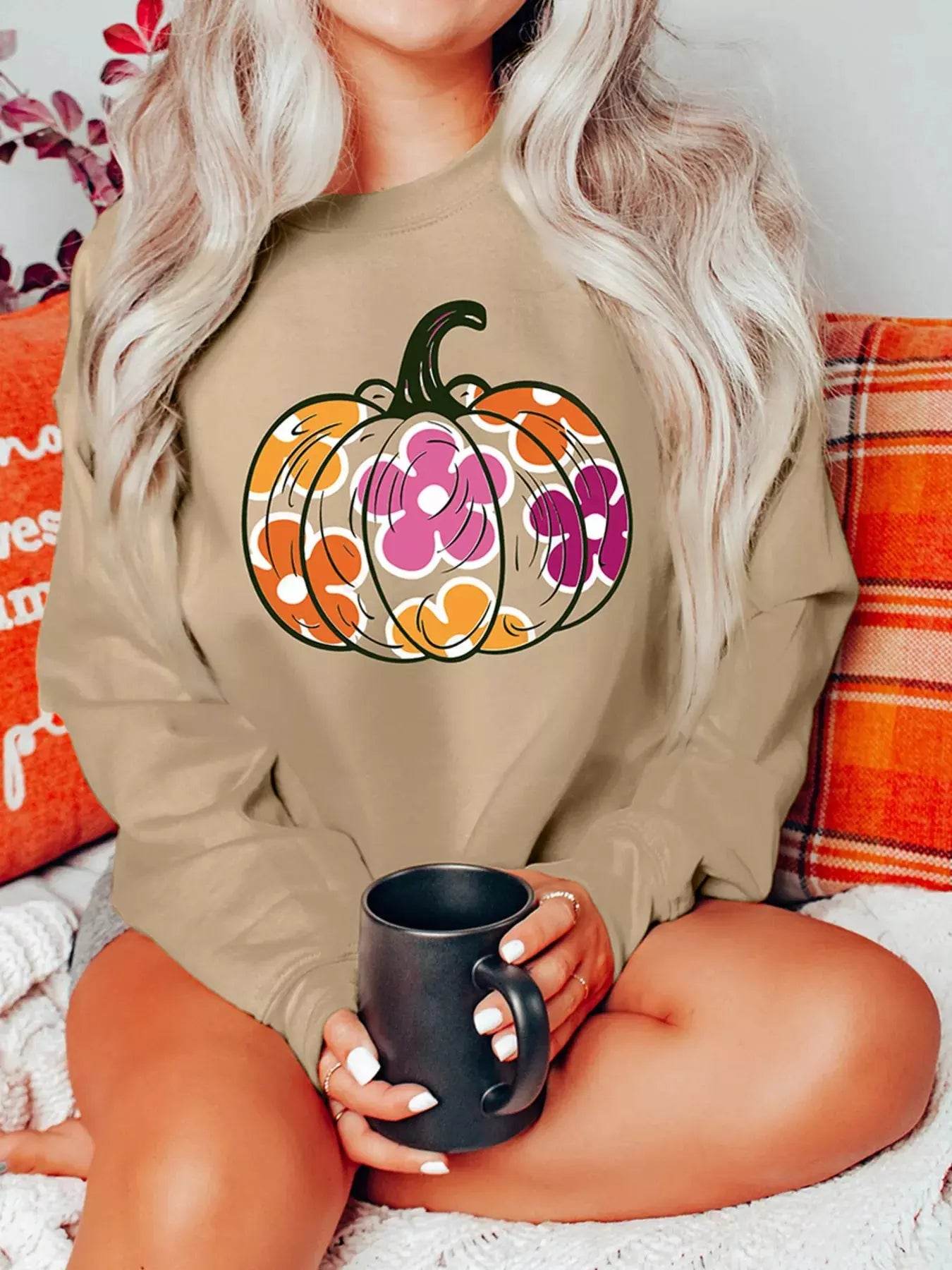 Halloween Floral Pumpkin Graphic Drop Shoulder Sweatshirt - ELY VESSA LLC