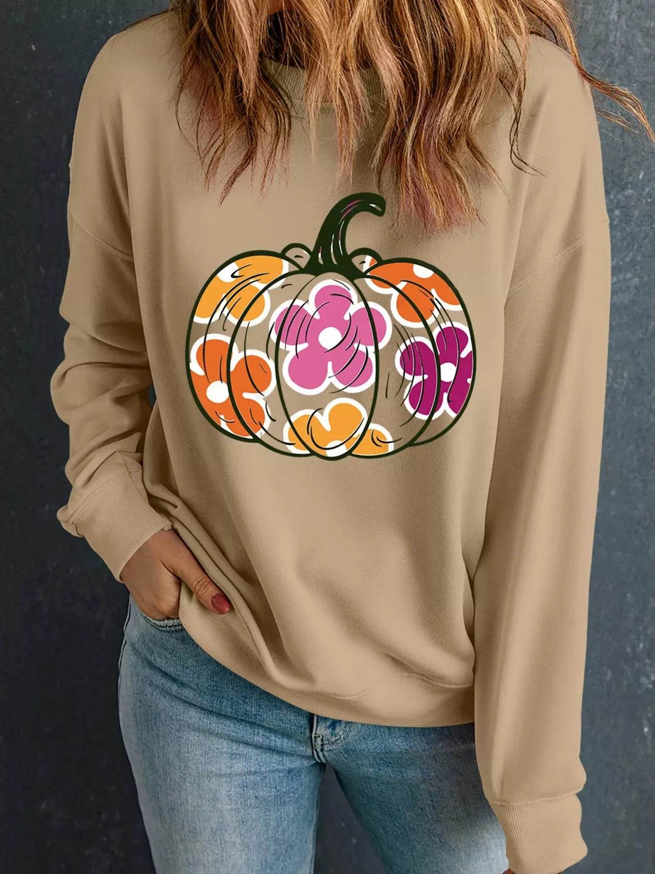Halloween Floral Pumpkin Graphic Drop Shoulder Sweatshirt - ELY VESSA LLC