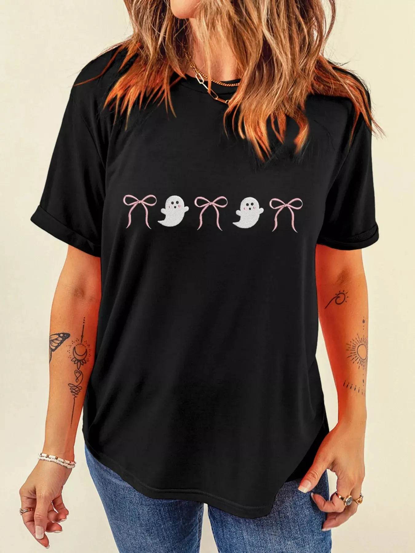 Halloween Ghost Bow Graphic Short Sleeve T-Shirt - ELY VESSA LLC
