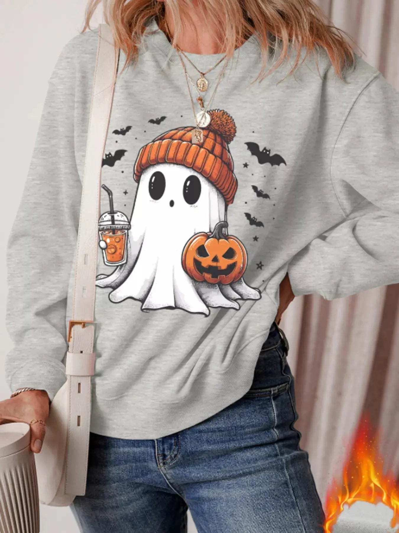 Halloween Ghost Round Neck Sweatshirt - ELY VESSA LLC