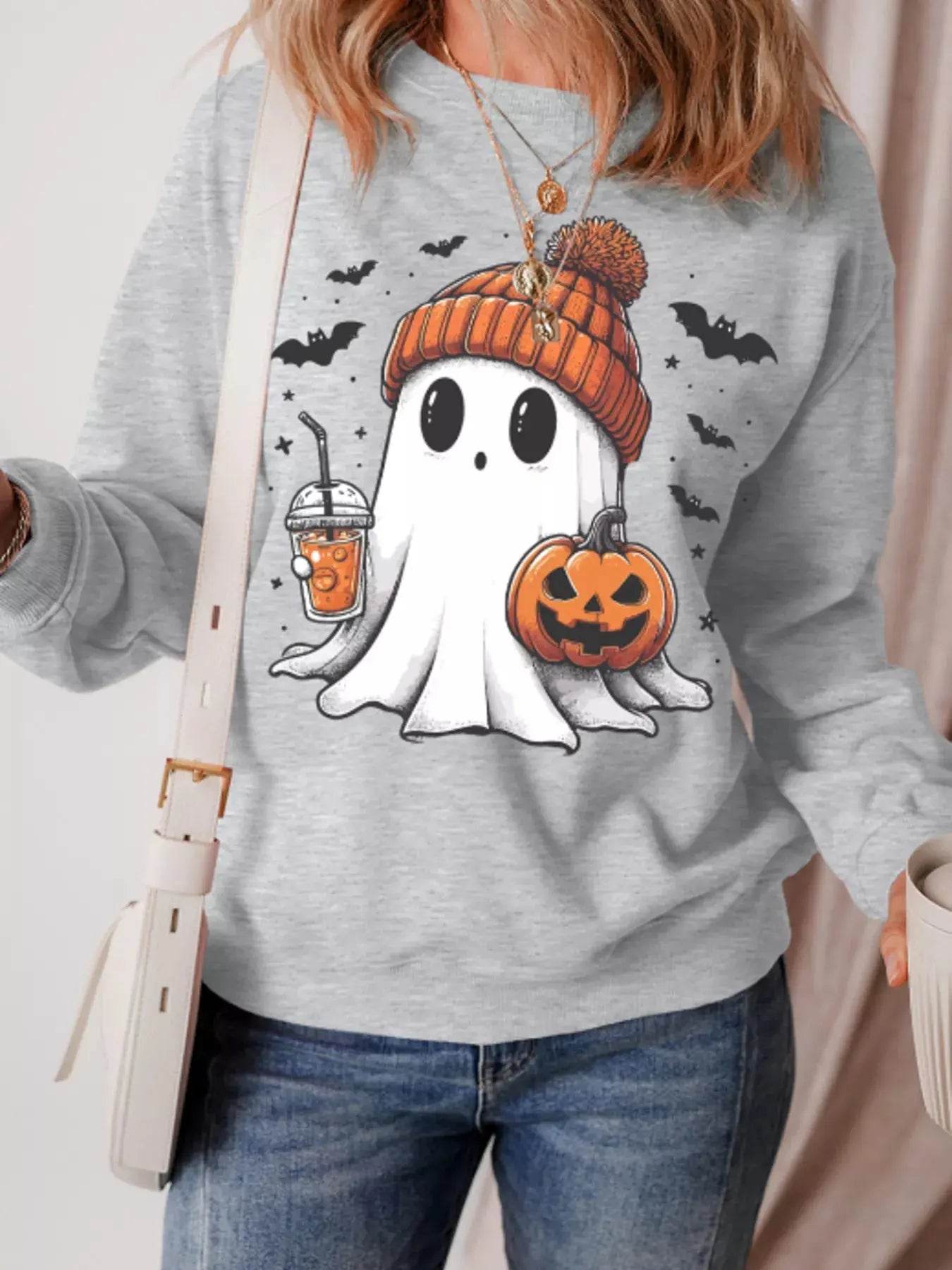 Halloween Ghost Round Neck Sweatshirt - ELY VESSA LLC