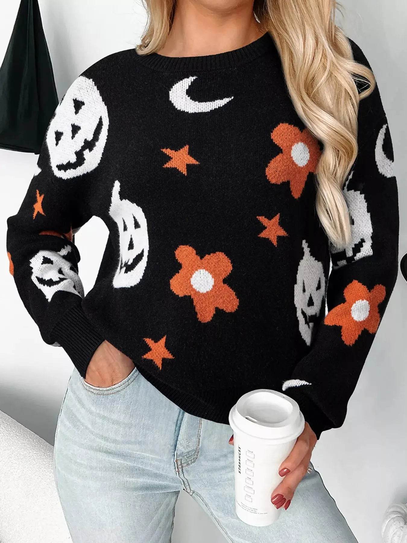 Halloween Gothic Pattern Long Sleeve Sweater - ELY VESSA LLC