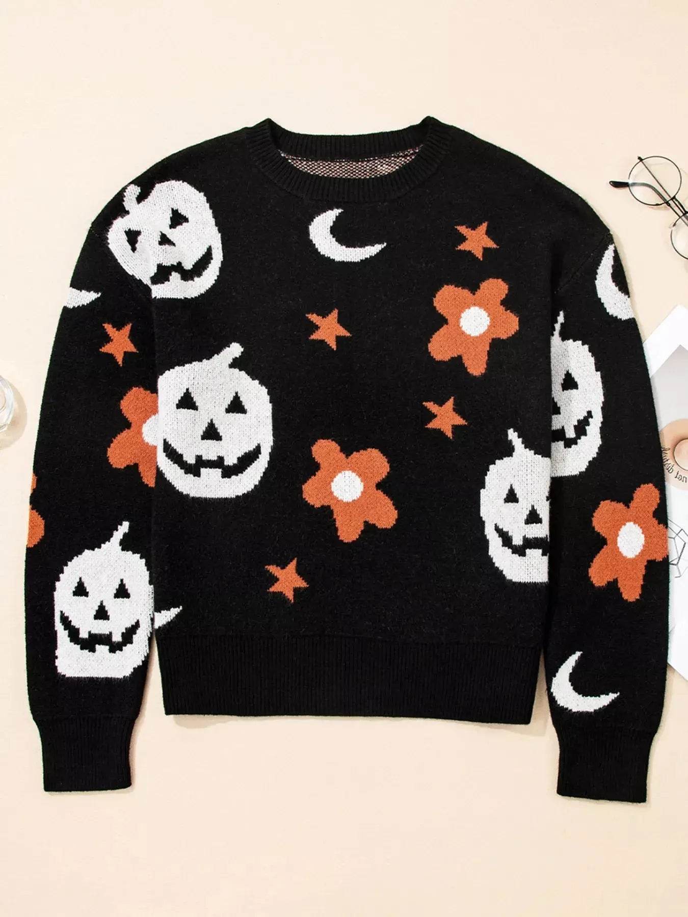 Halloween Gothic Pattern Long Sleeve Sweater - ELY VESSA LLC